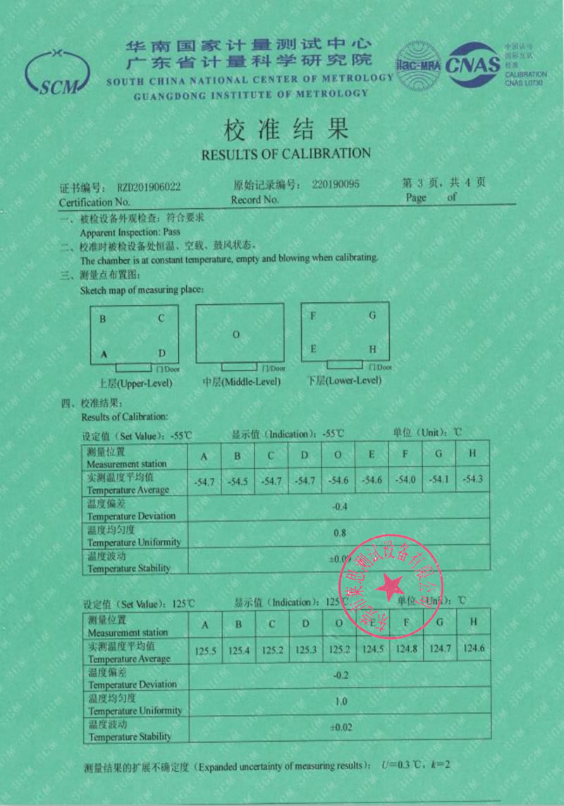 快速高低湿循环试验箱校准证书